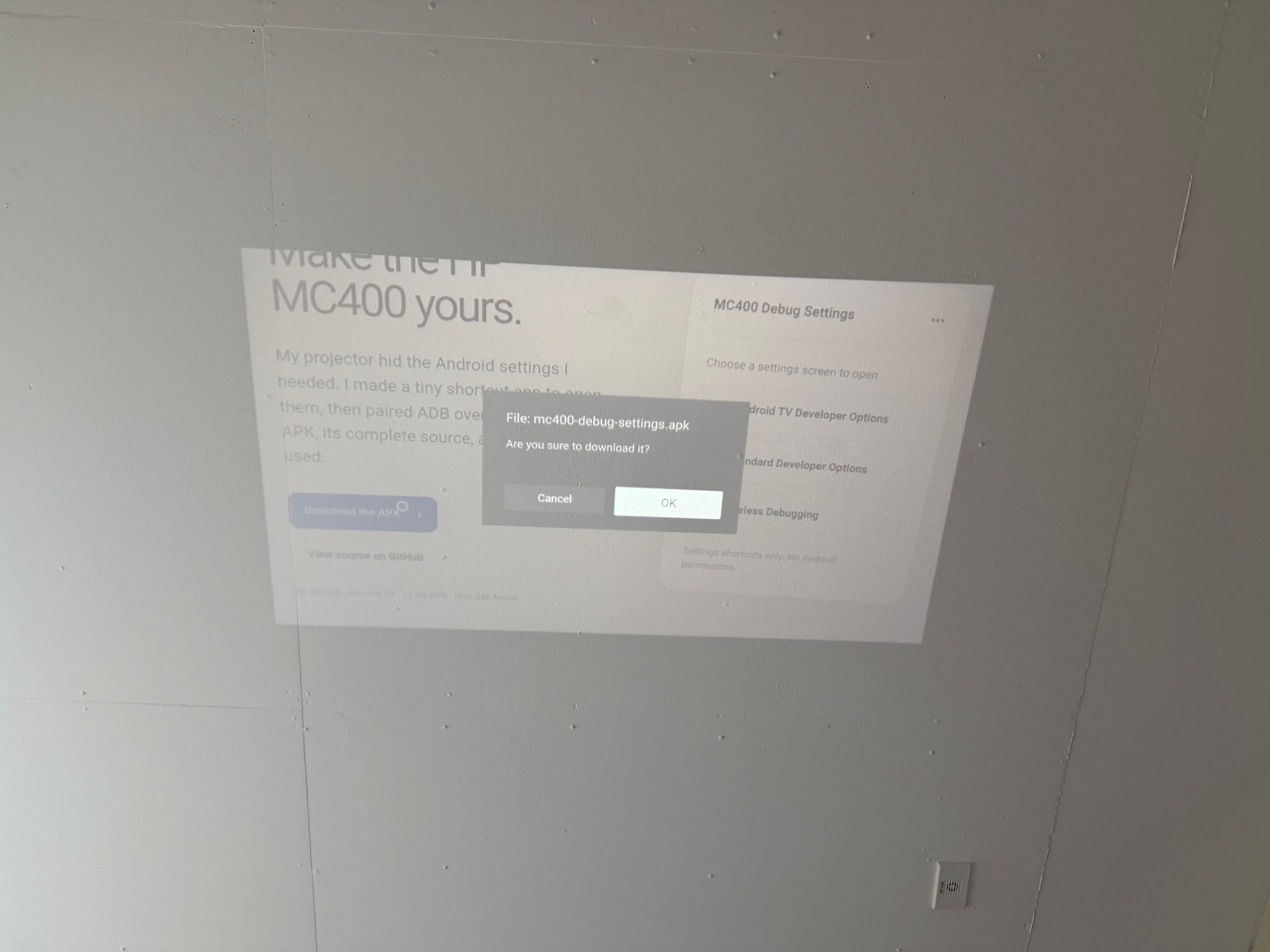 BrowseHere confirmation dialog for the MC400 Debug Settings APK