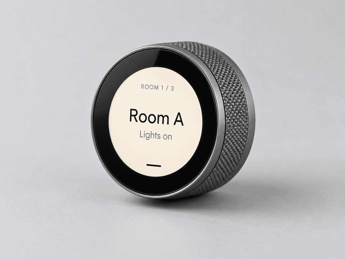 Illustrative rendering of the round smart light dial showing a generic Room A screen